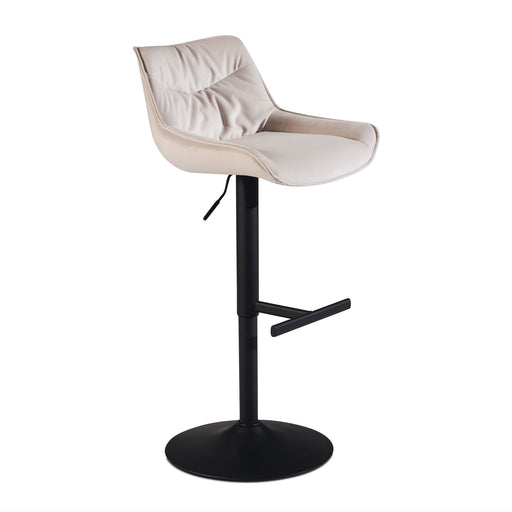 Barhocker Samt Beige höhenverstellbar 86-106cm Metallfuß in Gesamtansicht mit beiger Polsterung und schwarzem Metallfuß.