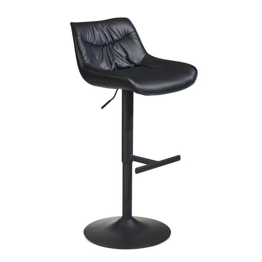 Barhocker Kunstleder Schwarz höhenverstellbar mit schwarzem Kunstlederbezug und Metallfuß in Gesamtansicht.