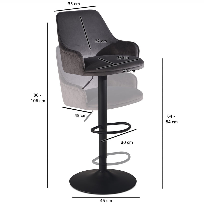Barhocker Samt Grau höhenverstellbar 86-106cm Metallfuß gepolstert