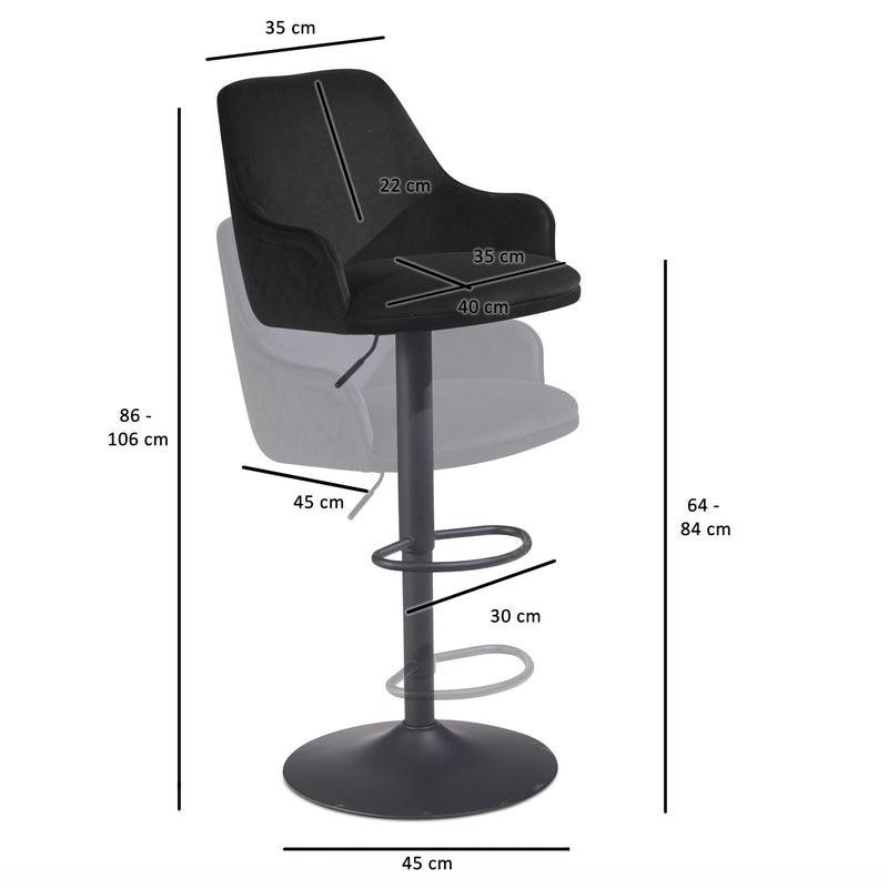 Barhocker Samt Schwarz höhenverstellbar 86-106cm Metallfuß gepolstert