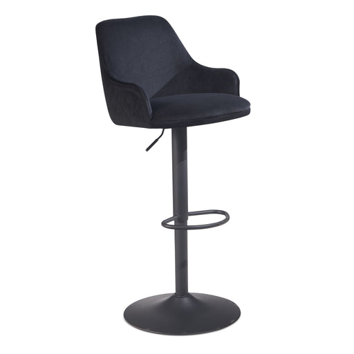 Barhocker Samt Schwarz höhenverstellbar 86-106cm Metallfuß gepolstert in Gesamtansicht mit schwarzem Samtbezug und Metallfuß.