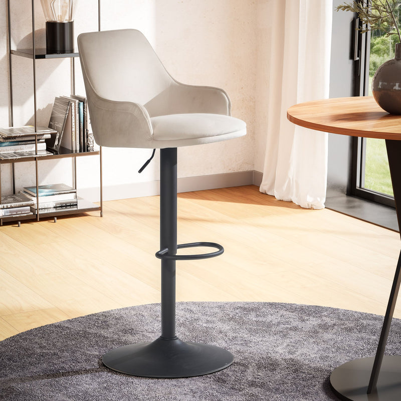 Barhocker Samt Beige höhenverstellbar Metallfuß gepolstert mit Lehne