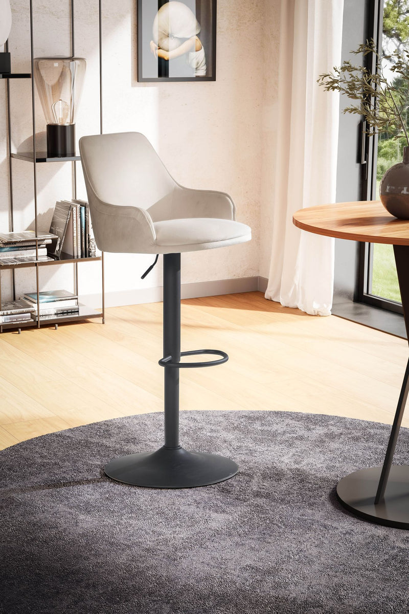 Barhocker Samt Beige höhenverstellbar Metallfuß gepolstert mit Lehne