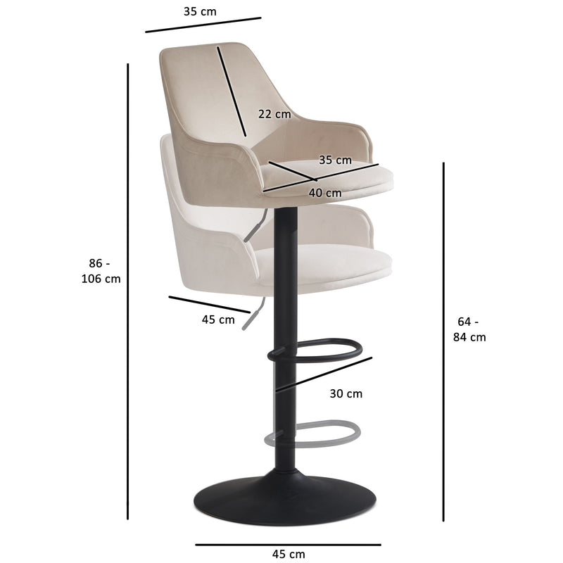 Barhocker Samt Beige höhenverstellbar Metallfuß gepolstert mit Lehne