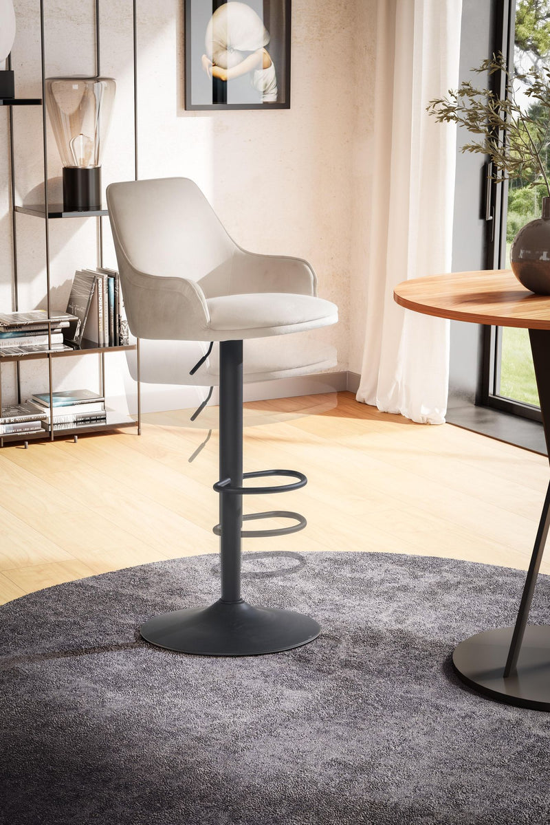 Barhocker Samt Beige höhenverstellbar Metallfuß gepolstert mit Lehne
