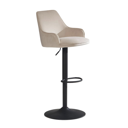 Barhocker Samt Beige höhenverstellbar mit beigefarbenem Samtbezug und schwarzem Metallfuß in Gesamtansicht.