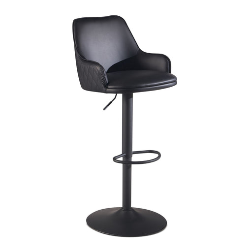 Barhocker Kunstleder Schwarz höhenverstellbar mit geschwungener Rückenlehne und Metallfuß in Gesamtansicht.