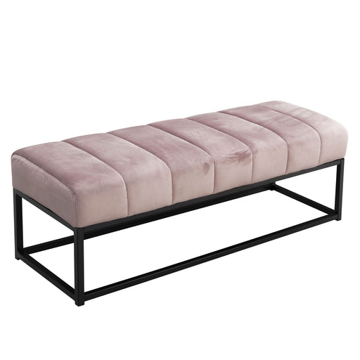 Sitzbank Samt Rosa mit gesteppter Polsterung und schwarzem Metallgestell, Gesamtansicht von schräg oben.