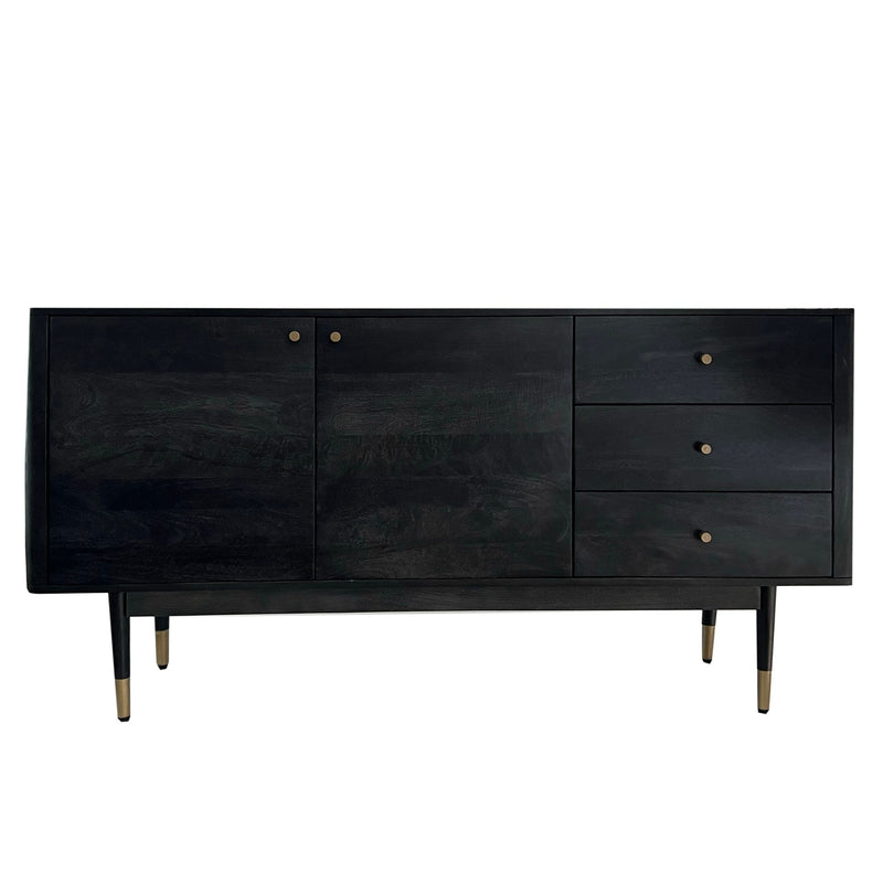 Sideboard Akazie Massivholz 160x81x42cm Schwarz Modern 2 Türen 3 Schubladen