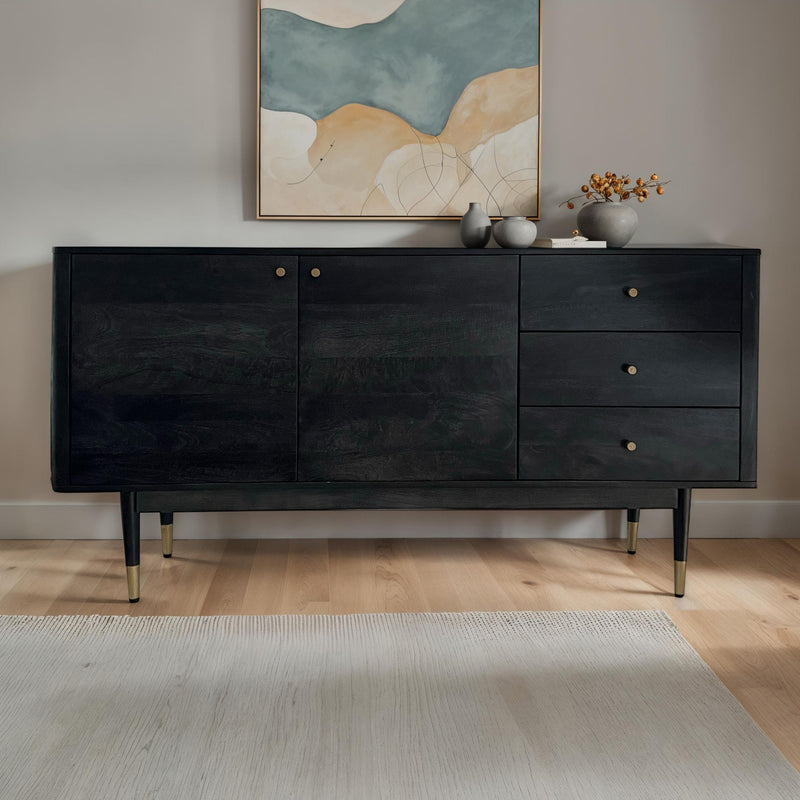Sideboard Akazie Massivholz 160x81x42cm Schwarz Modern 2 Türen 3 Schubladen
