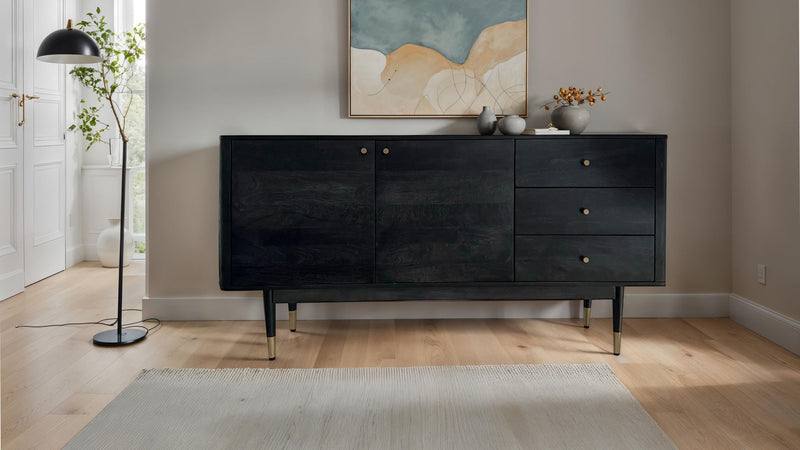 Sideboard Akazie Massivholz 160x81x42cm Schwarz Modern 2 Türen 3 Schubladen