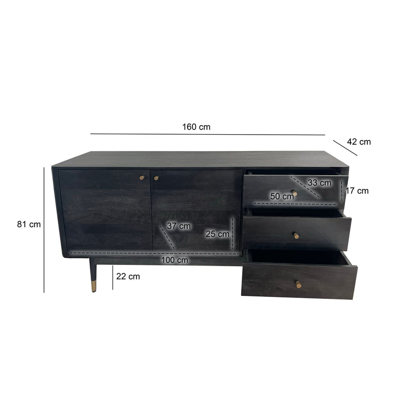 Sideboard Akazie Massivholz 160x81x42cm Schwarz Modern 2 Türen 3 Schubladen