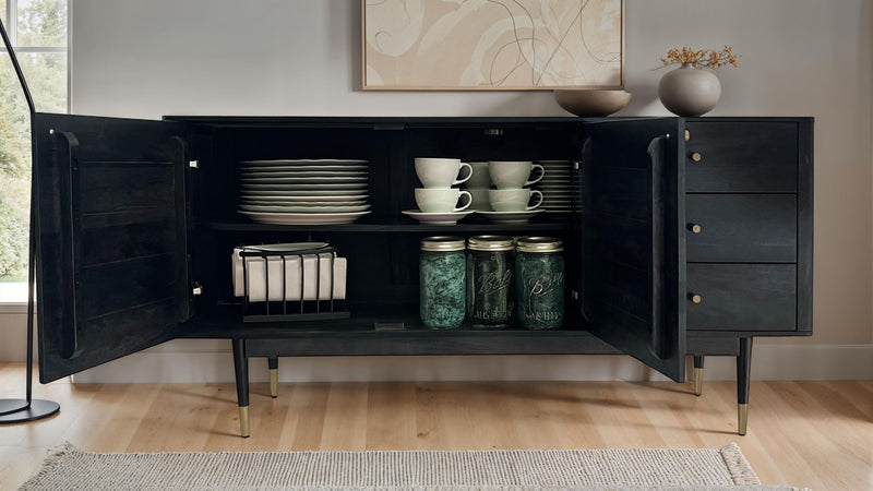 Sideboard Akazie Massivholz 160x81x42cm Schwarz Modern 2 Türen 3 Schubladen