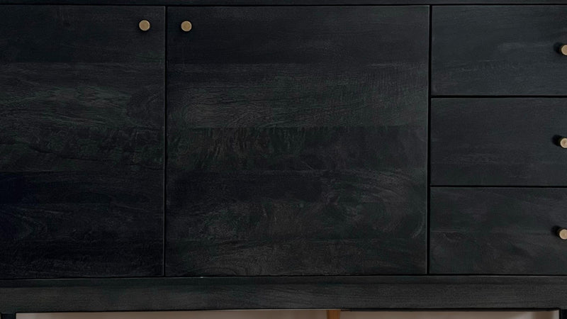 Sideboard Akazie Massivholz 160x81x42cm Schwarz Modern 2 Türen 3 Schubladen