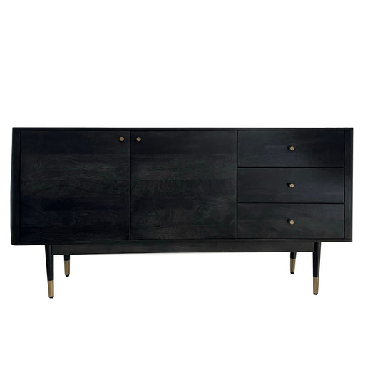 Sideboard Akazie Massivholz in Schwarz mit zwei Türen links und drei Schubladen rechts, Gesamtansicht.