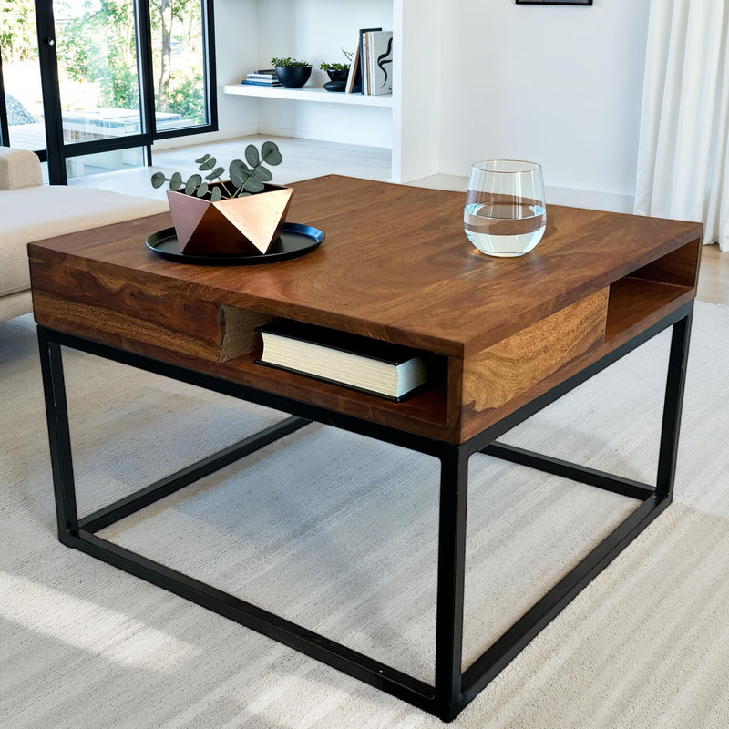 Couchtisch Sheesham Massivholz Metall 60x60x40cm mit Stauraum Modern