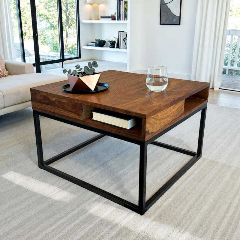 Couchtisch Sheesham Massivholz Metall 60x60x40cm mit Stauraum Modern