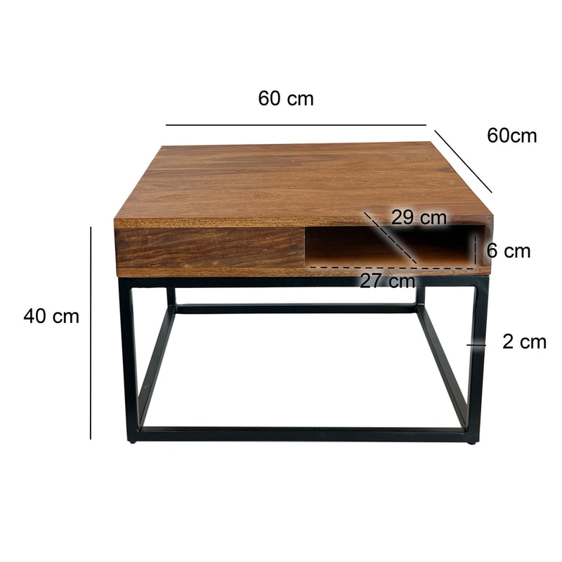 Couchtisch Sheesham Massivholz Metall 60x60x40cm mit Stauraum Modern