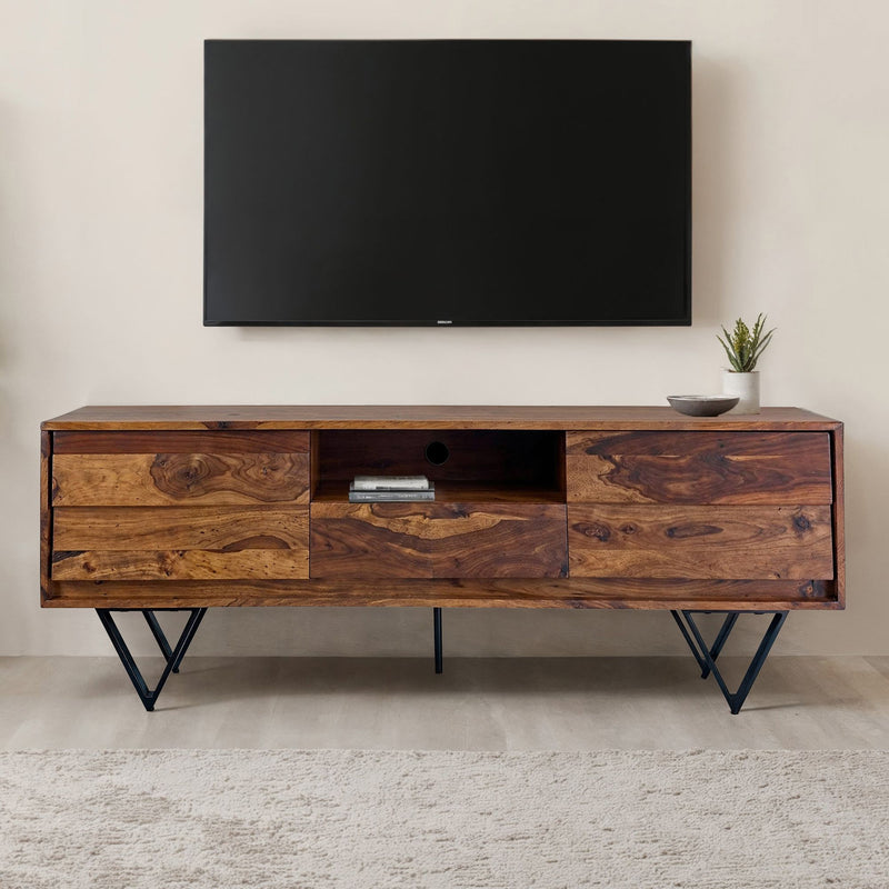 TV Lowboard Sheesham 160cm Türen Schublade Fach Metallfüße Industrial
