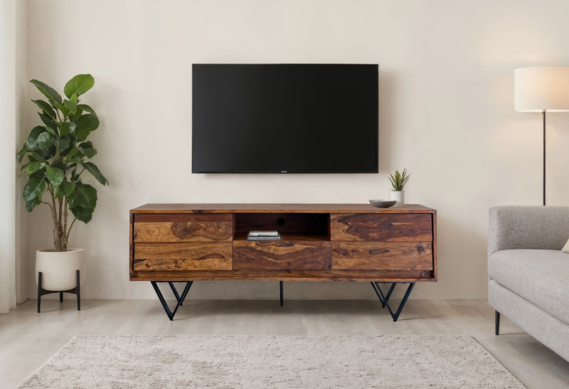 TV Lowboard Sheesham 160cm Türen Schublade Fach Metallfüße Industrial