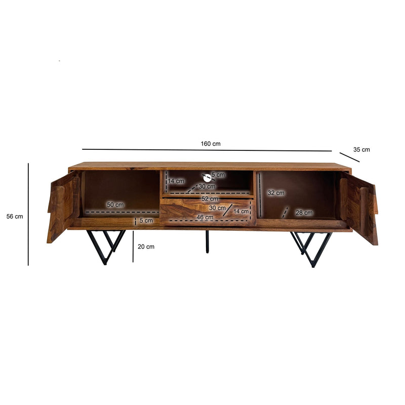 TV Lowboard Sheesham 160cm Türen Schublade Fach Metallfüße Industrial