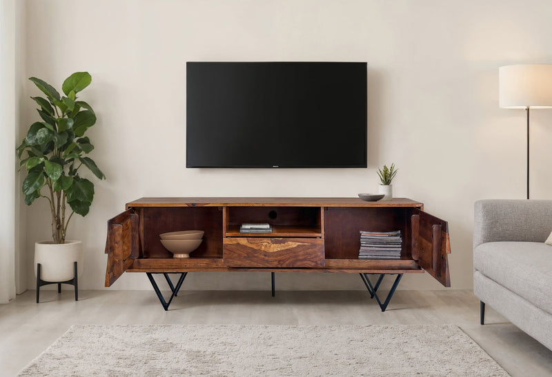 TV Lowboard Sheesham 160cm Türen Schublade Fach Metallfüße Industrial
