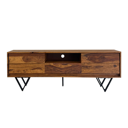 TV Lowboard Sheesham 160cm Gesamtansicht mit Sheesham-Holzfront und schwarzen V-förmigen Metallfüßen.