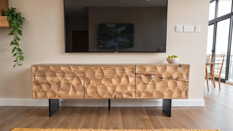 Lowboard Akazie Massiv 160cm TV-Kommode 3 Türen 3D-Optik Metallbeine