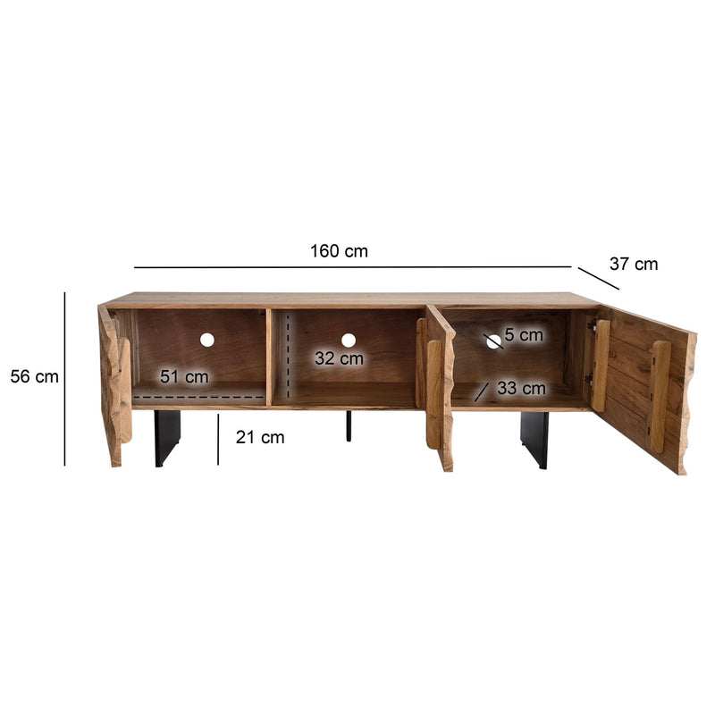 Lowboard Akazie Massiv 160cm TV-Kommode 3 Türen 3D-Optik Metallbeine