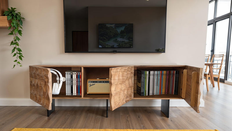 Lowboard Akazie Massiv 160cm TV-Kommode 3 Türen 3D-Optik Metallbeine