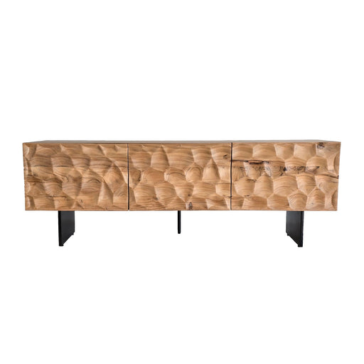 Lowboard Akazie Massiv 160cm TV-Kommode mit strukturierter 3D-Oberflächenoptik und schwarzen Metallbeinen in Gesamtansicht.