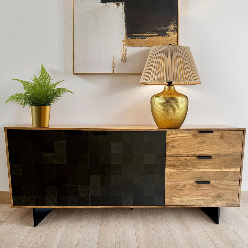 Sideboard Akazie Massivholz 175x76x40cm Steinoptik 2 Türen 3 Schubladen