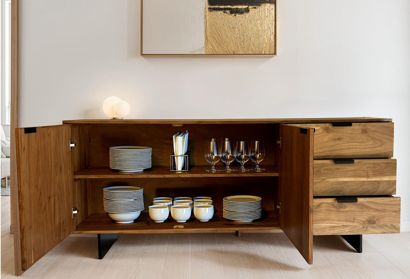 Sideboard Akazie Massivholz 175x76x40cm Steinoptik 2 Türen 3 Schubladen