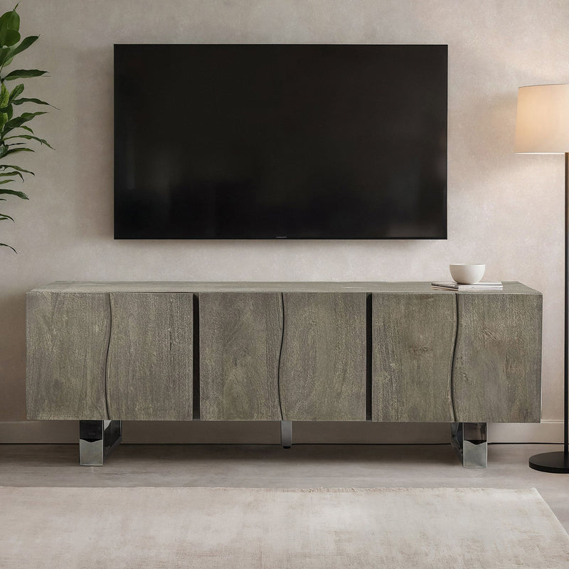 Lowboard Akazie Massiv 160cm TV-Kommode 3 Türen Grau Metallbeine