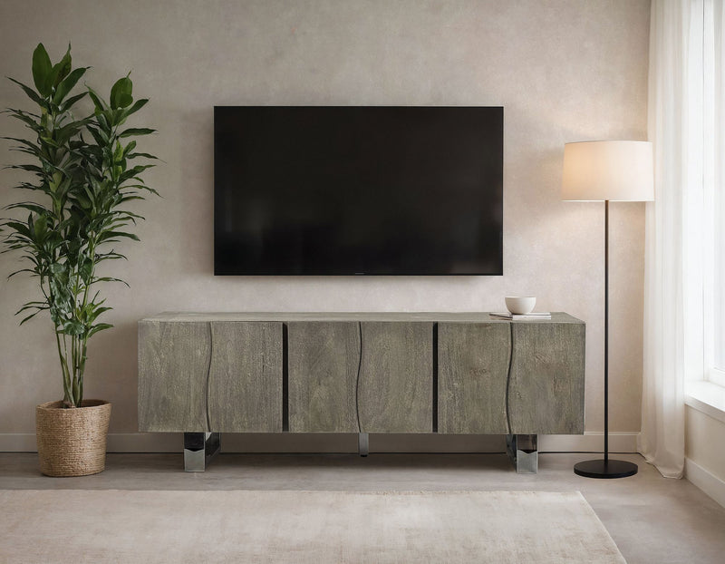 Lowboard Akazie Massiv 160cm TV-Kommode 3 Türen Grau Metallbeine