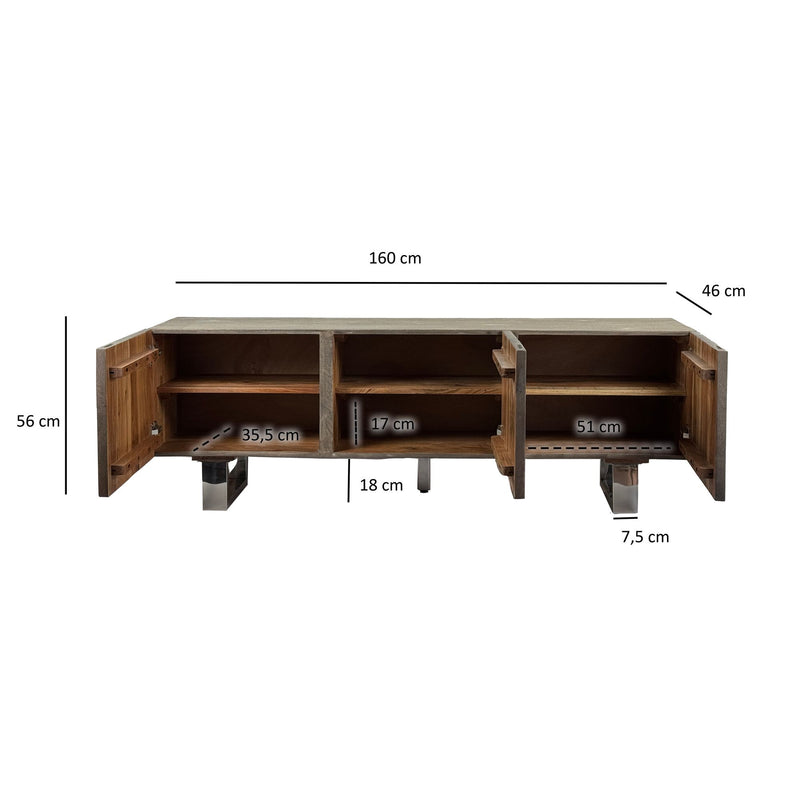 Lowboard Akazie Massiv 160cm TV-Kommode 3 Türen Grau Metallbeine