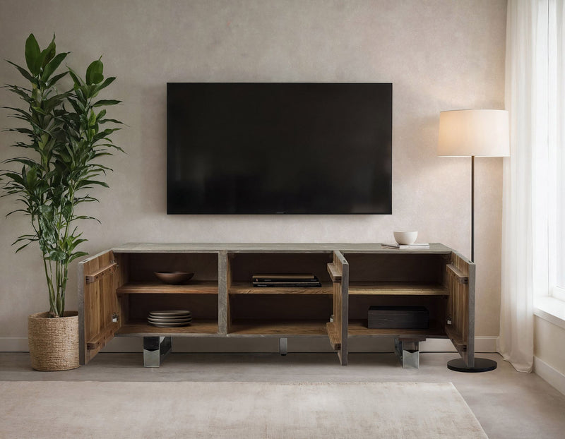 Lowboard Akazie Massiv 160cm TV-Kommode 3 Türen Grau Metallbeine