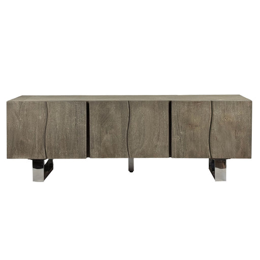 Lowboard Akazie Massiv 160cm TV-Kommode 3 Türen Grau in Gesamtansicht mit Metallbeinen von vorne.