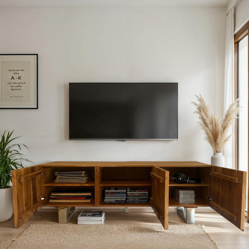 Lowboard Akazie Massiv 160cm TV-Kommode 3 Türen Metallbeine Modern