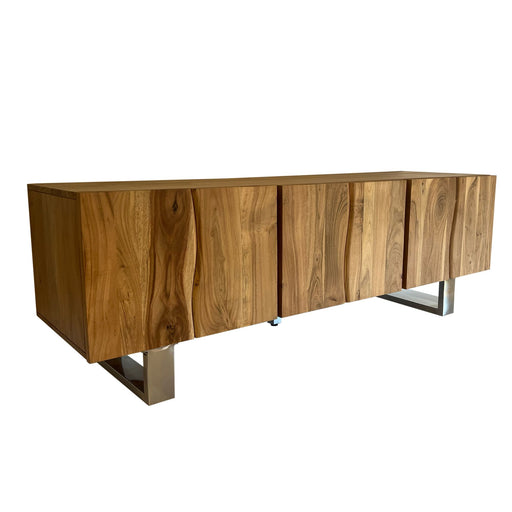 Lowboard Akazie Massiv 160cm TV-Kommode mit drei Holztüren und metallischen Stützbeinen in Gesamtansicht von vorn.