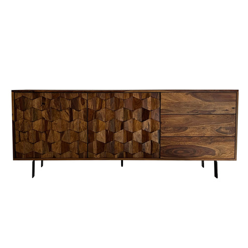 Sideboard Sheesham Massivholz 175cm Loft Design mit Wabenmuster-Tür und Schubfächern in Gesamtansicht.