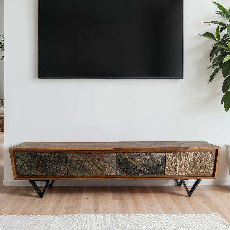 Lowboard Sheesham 160cm TV Board Steinoptik Metallgestell Industrial