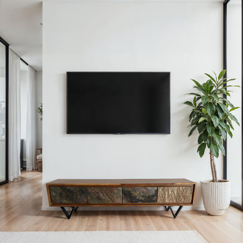 Lowboard Sheesham 160cm TV Board Steinoptik Metallgestell Industrial