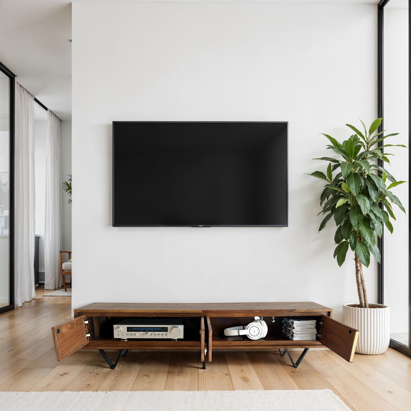 Lowboard Sheesham 160cm TV Board Steinoptik Metallgestell Industrial
