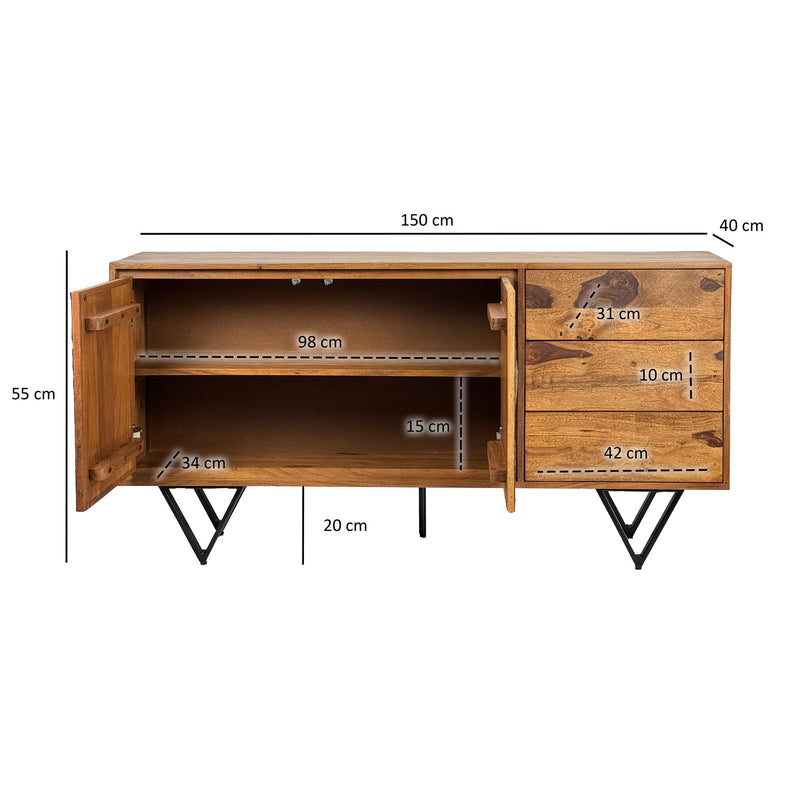 Sideboard Sheesham Massivholz 150x40x55cm 2 Türen 3 Schubladen 3D Steinoptik