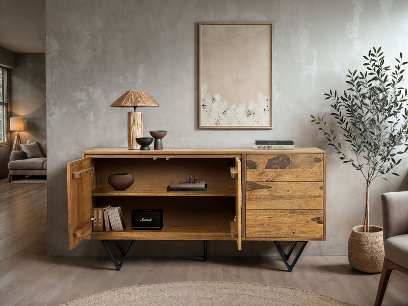 Sideboard Sheesham Massivholz 150x40x55cm 2 Türen 3 Schubladen 3D Steinoptik