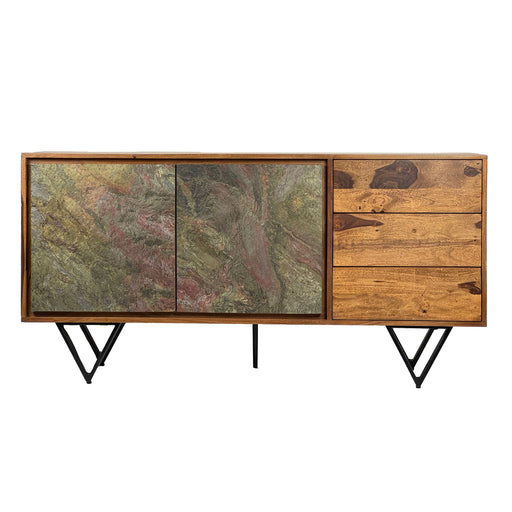 Sideboard Sheesham Massivholz mit zweiteiliger Glastür in Steinoptik und drei Holzschubladen, Gesamtansicht.