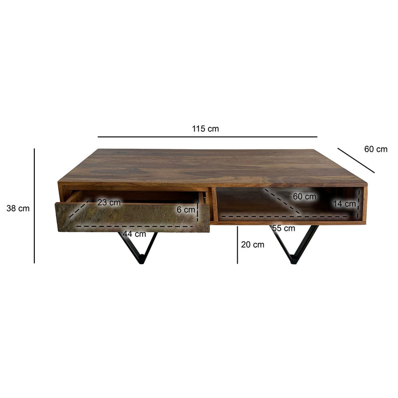 Couchtisch Sheesham 115cm 2 Schubladen Ablage Steinoptik Metall Schwarz