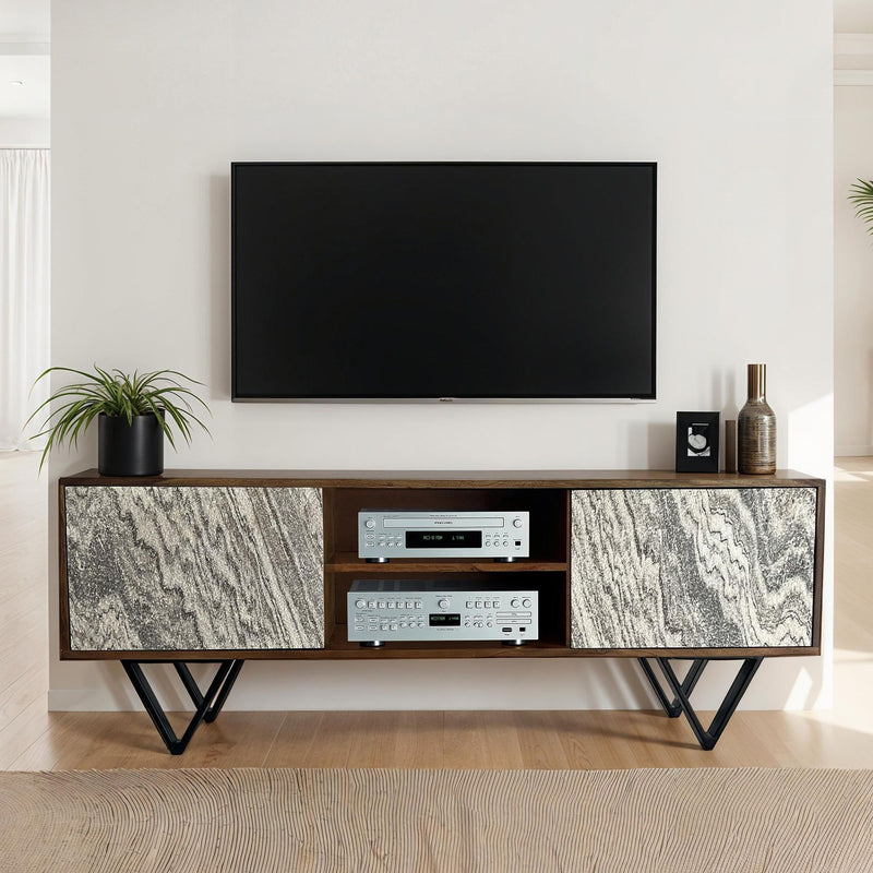 Lowboard Sheesham Massivholz 150cm TV-Kommode Steinoptik Weiß Modern
