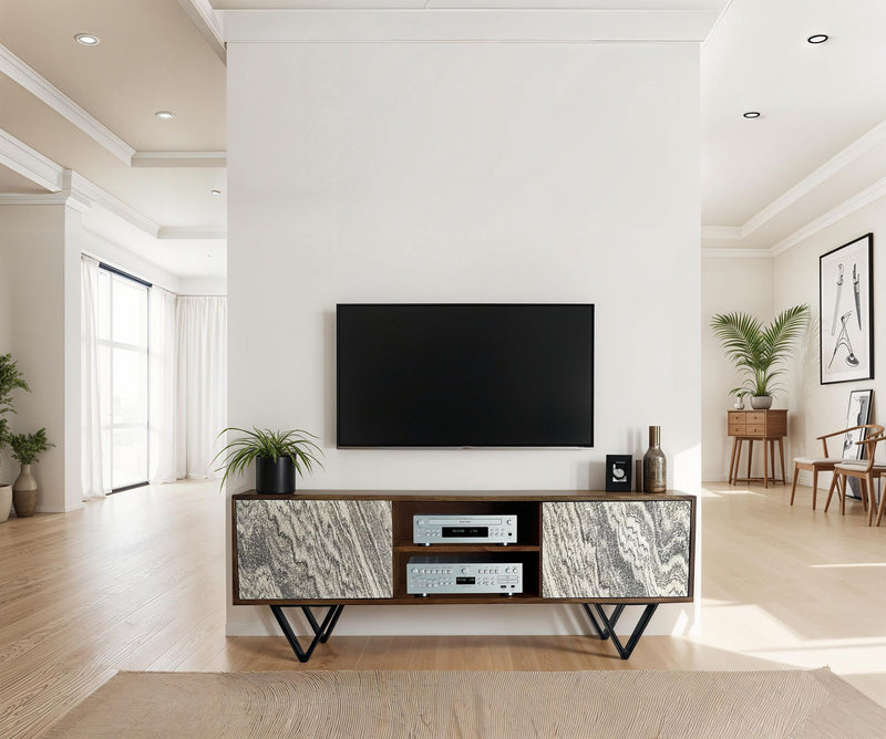Lowboard Sheesham Massivholz 150cm TV-Kommode Steinoptik Weiß Modern